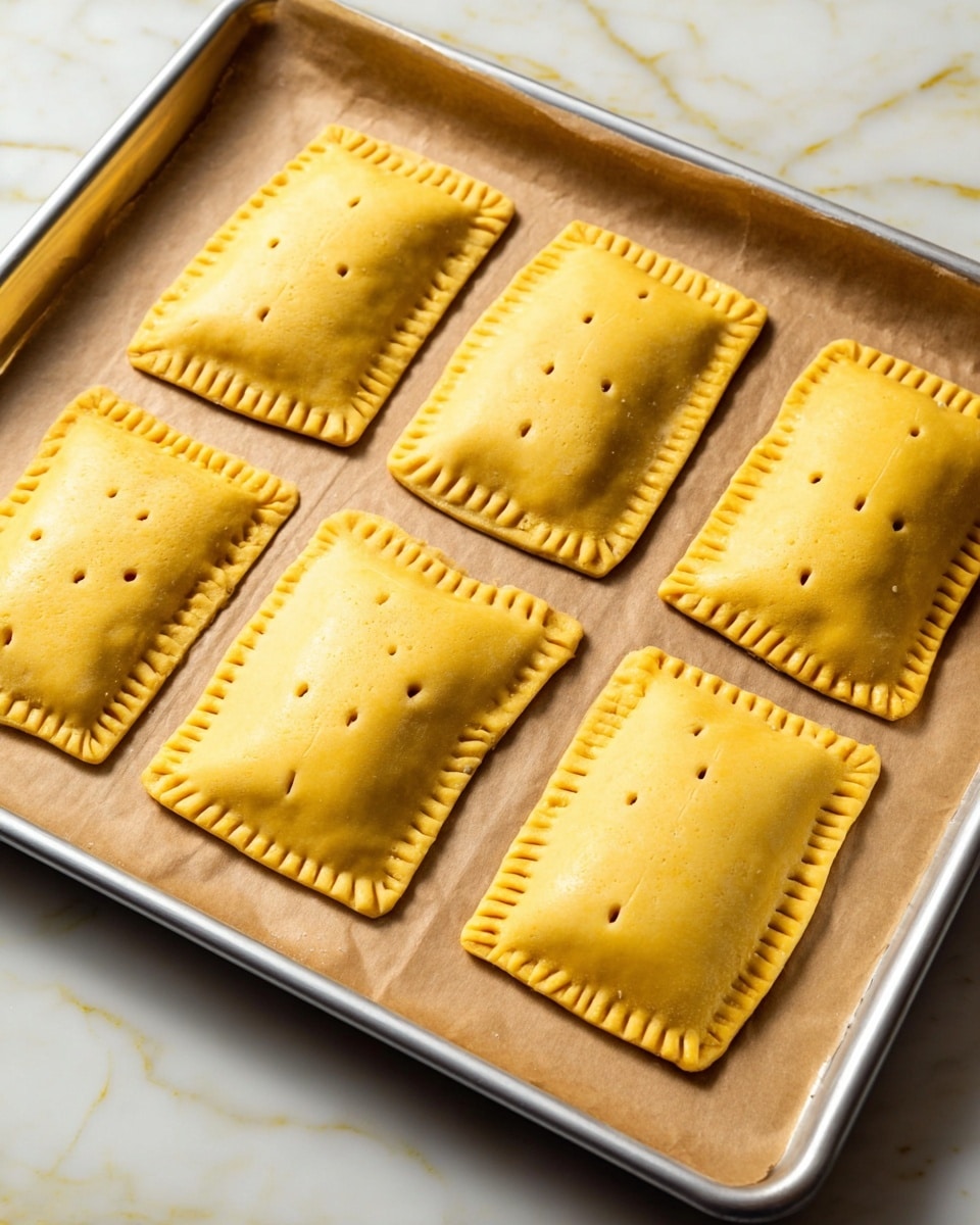 The image shows six uncooked rectangular pastries on a baking tray lined with brown parchment paper. Each pastry has a golden yellow dough with pressed edges creating a small ridge around the sides. The surface of each pastry is smooth with several small fork-made holes in the center, arranged in rows. The baking tray has a silver metal color and sits on a white marbled surface with light gray and yellow veining. The pastries are evenly spaced on the tray, filling most of the surface photo taken with an iphone --ar 4:5 --v 7
