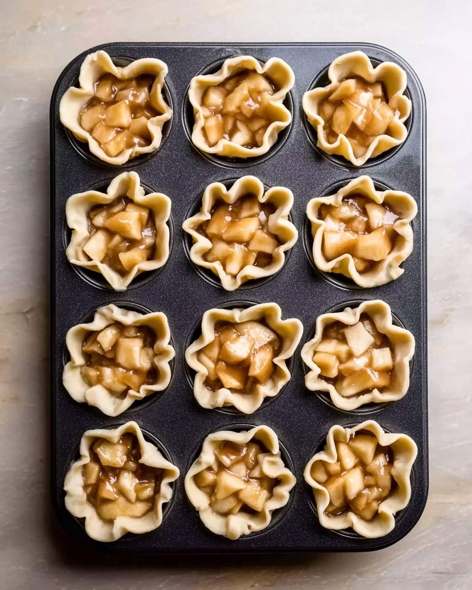 A black metal muffin tray holds twelve small tart shells lined with light beige dough that folds up around the edges in a ruffled pattern. Each tart is filled with a chunky apple mixture showing soft, pale yellow apple pieces coated in a shiny light brown sauce. The tray rests on a white marbled surface, and the arrangement of the tarts inside their cups creates a neat, symmetrical grid. The sauce on the apples adds a smooth texture contrasting with the slightly rough dough lining each cup. photo taken with an iphone --ar 4:5 --v 7
