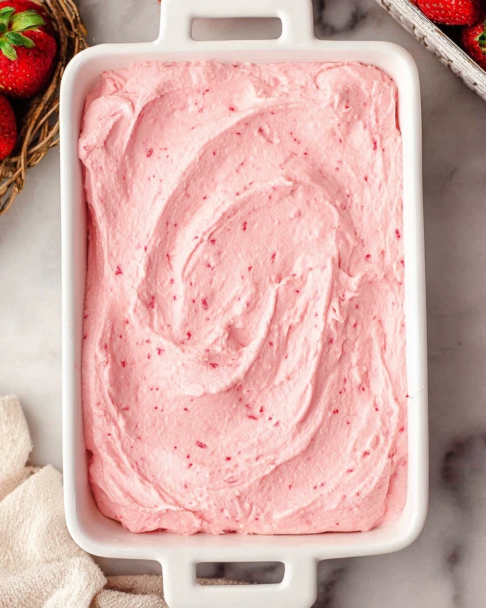 A single layer of smooth, thick pink strawberry cream spread evenly in a white rectangular baking dish with a handle at the top center. The cream has soft swirls and tiny specks of red strawberry pieces throughout, creating a textured, airy look. The dish is placed on a white marbled surface with a small part of a white basket of fresh strawberries and a folded light beige cloth visible near the edges. photo taken with an iphone --ar 4:5 --v 7
