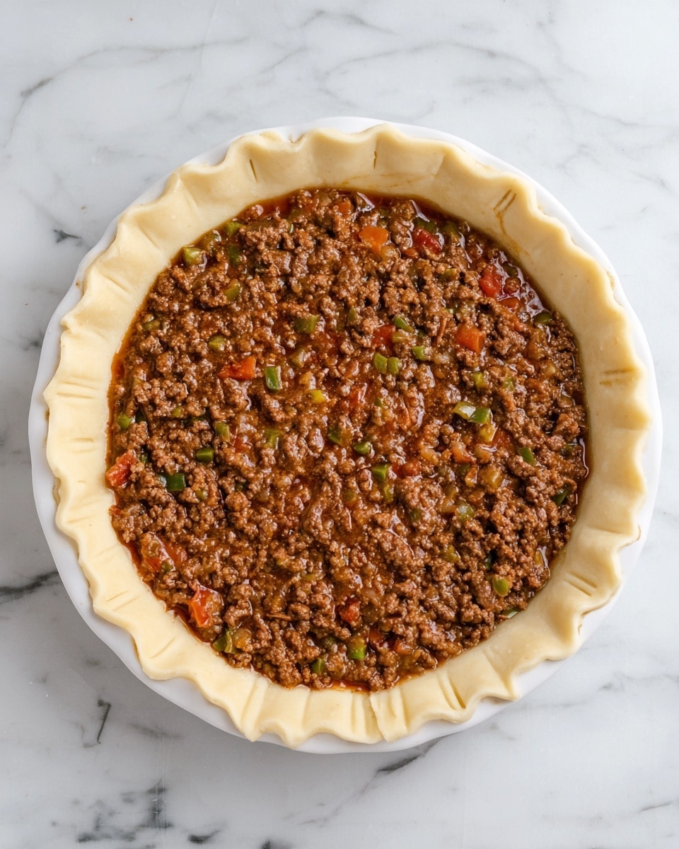 The image shows a single-layer meat pie in a white pie dish, placed on a white marbled surface. The pie has a pale, uncooked crust forming a thick ring around the edge with fork marks pressed into the crust's border. The filling consists of finely ground cooked meat mixed with small pieces of green pepper and tomato, covered in a shiny brown sauce. The filling is evenly spread inside the crust, almost reaching the edges but leaving the crust visible and clean. Photo taken with an iphone --ar 4:5 --v 7