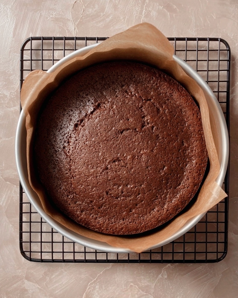 A round, single-layer chocolate cake with a cracked, slightly textured top surface sits inside a white cake pan lined with brown parchment paper. The pan rests on a black cooling rack, which is placed on a white marbled textured surface. The cake has a rich, dark brown color, and the texture looks soft and slightly cracked on the surface. Photo taken with an iphone --ar 4:5 --v 7
