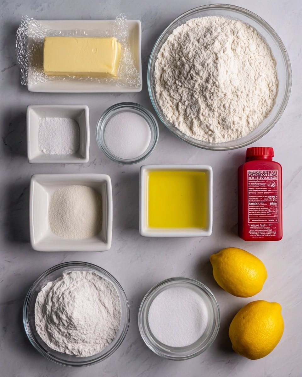 A flat lay image shows baking ingredients arranged neatly on a white marbled surface with eleven separate containers. There are two yellow lemons on the right side, one at the bottom right corner and the other above it. At the top left, a wrapped stick of unsalted butter sits horizontally. Below the butter is a clear round bowl filled with white flour. To the right of the flour bowl are three white square dishes: the top one holds white powders including salt and baking soda, the middle holds a yellow liquid, and the bottom holds a creamy white liquid. To the left of the bottom square dish is a white round small bowl filled with white sugar, and to the left of that is another white round bowl filled with powdered sugar. Below the powdered sugar bowl is a small clear bowl containing two egg whites. On the right side, between the top and bottom lemons, stands a small red bottle of red food coloring. The photo is taken with an iphone --ar 4:5 --v 7
