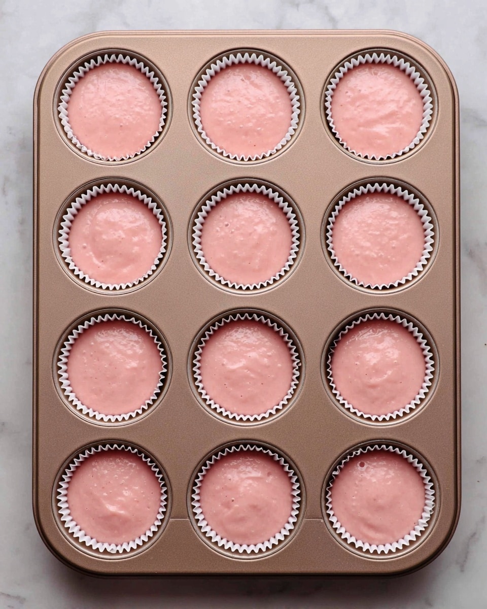 A top view of a muffin tin with twelve white paper liners, each filled halfway with smooth pink batter that has a few small bubbles and an even, creamy texture; the muffin tin is a soft bronze color, placed on a white marbled surface. photo taken with an iphone --ar 4:5 --v 7