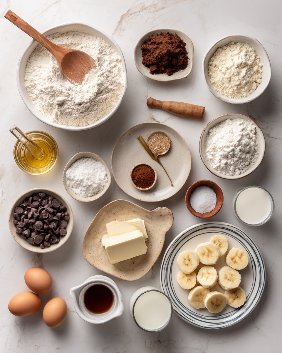 The image shows an overhead view of various baking ingredients placed on a white marbled surface, each in white bowls or small dishes. At the top left, a large white bowl contains all-purpose flour with a wooden spoon resting inside. Next to it is a clear bottle with vegetable oil. A white bowl near the top center holds dark brown sugar with a rough texture, while a small white cup beside it contains granulated sugar. A very small white dish with kosher salt is nearby. In the middle, a beige plate holds a smaller white bowl filled with ground cinnamon and a gold measuring spoon, along with a small reddish bowl containing baking powder and baking soda, and a gold measuring spoon with nutmeg lying on the plate. To the right, a small white cup holds vanilla extract. The bottom left includes a white bowl full of chocolate chips, a clear shot glass with milk, and a wooden bowl with two eggs. A small white cup contains brandy. Sliced bananas are arranged on a white plate with blue lines on the bottom right. A rectangular clear glass dish with unsalted butter and a white bowl filled with powdered sugar complete the spread. Photo taken with an iphone --ar 4:5 --v 7