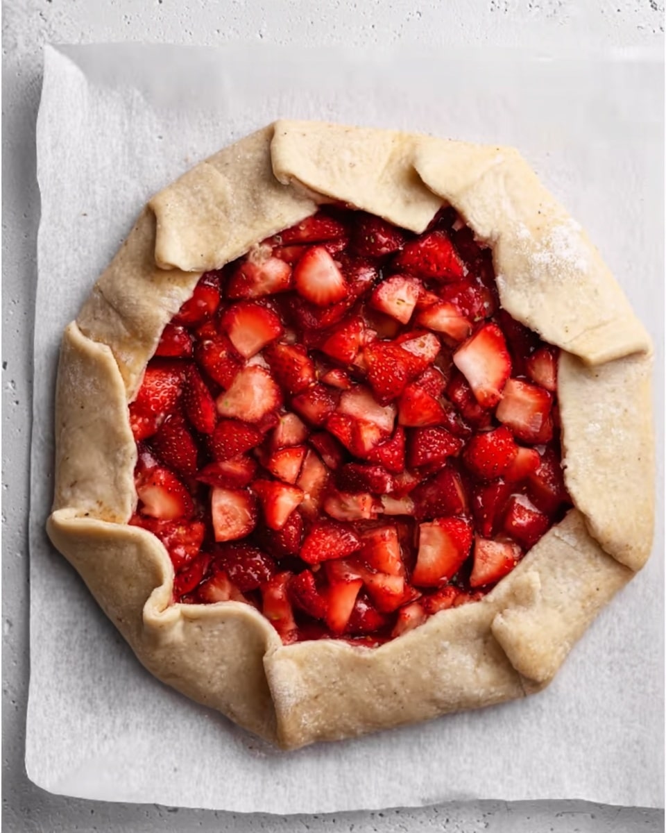 The image shows a rustic strawberry tart with one layer of bright red sliced strawberries mixed with small chunks of strawberries in the center, surrounded by a thick, folded, light beige dough crust with a rough texture. The tart is placed on white parchment paper on a white marbled surface. The folded edges of the dough are uneven and slightly wrinkled, giving the tart a homemade look. Photo taken with an iphone --ar 4:5 --v 7