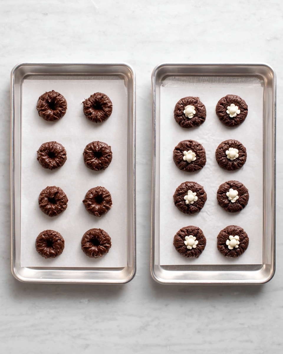 The image shows two silver baking trays lined with white parchment paper placed side by side on a white marbled surface. The left tray holds twelve evenly spaced small round scoops of dark brown chocolate dough arranged in a 3 by 4 grid. The right tray displays twelve flattened dark brown chocolate cookies in the same grid pattern, each topped with a single white candy in the center, giving a neat, uniform look. The overall scene is clean and bright with soft, natural lighting. photo taken with an iphone --ar 4:5 --v 7