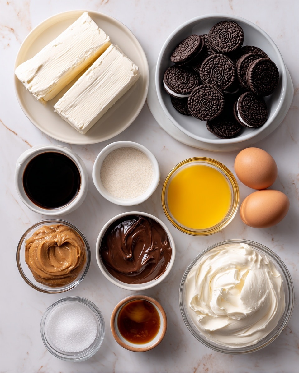 The image shows several ingredients arranged separately on a white marbled surface. There is a white plate with two large blocks of white cream cheese on the top left. Next to it on the right is a small round bowl filled with many whole dark brown Oreo cookies. Below the Oreos is a small glass bowl filled with bright yellow melted butter. Below the butter is a clear glass bowl filled with white granulated sugar. To the left of the sugar is a small brown bowl with light brown peanut butter. Above the peanut butter is a white bowl with smooth melted dark brown chocolate. Above that is a small oval bowl with dark brown vanilla extract. Next to the vanilla is a tiny bowl with white salt. To the left are four brown eggs grouped together. Above the eggs in the center is a white bowl filled with white sour cream. Each ingredient is spaced clearly and labeled with black text. The photo taken with an iphone --ar 4:5 --v 7