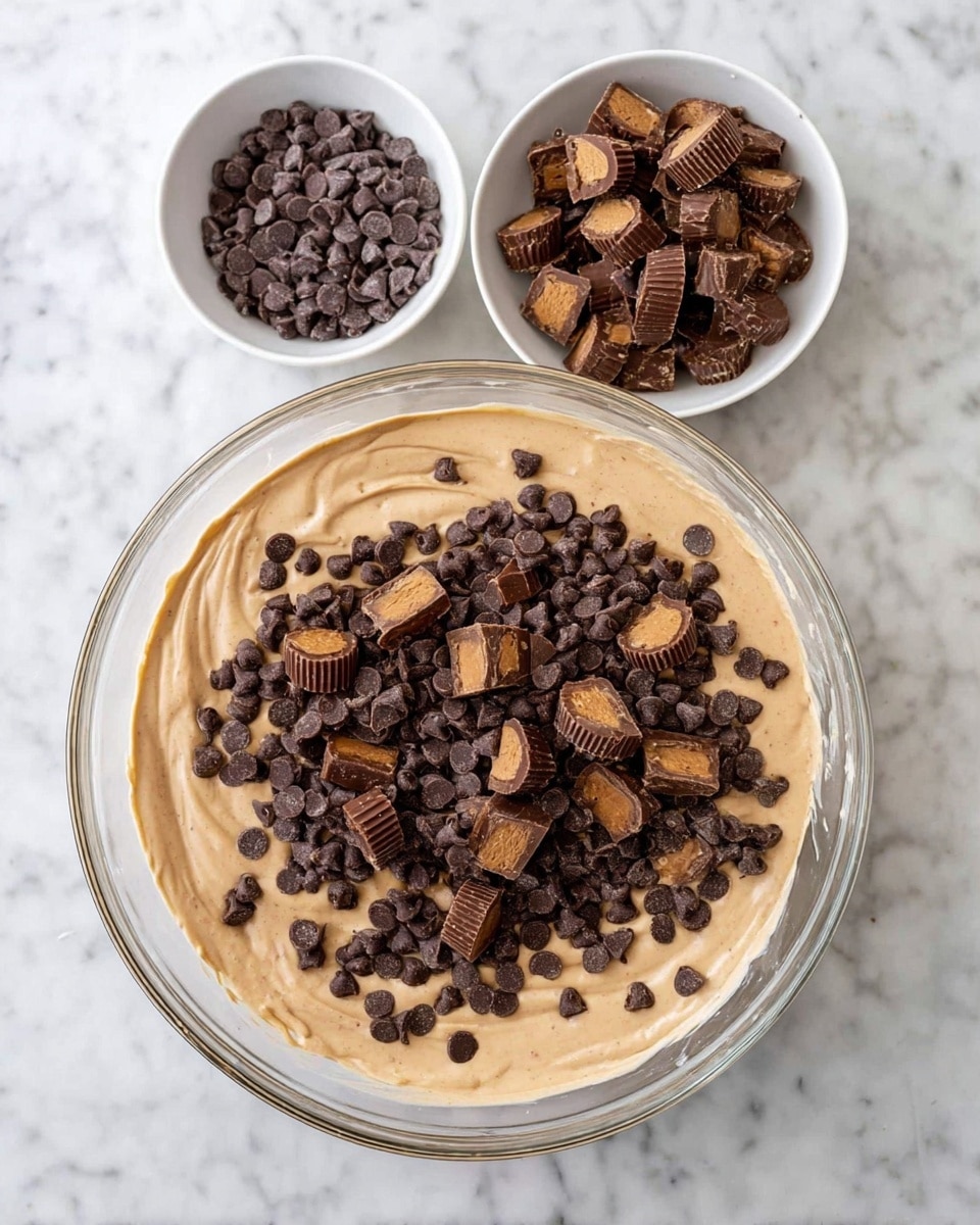 A large clear glass bowl sits on a white marbled surface, filled with a smooth light brown creamy mixture. On top of this creamy layer, there are three piles of dark brown small chocolate chips scattered in a triangular pattern. Mixed in with the chocolate chips are many pieces of cut chocolate peanut butter cups, showing a darker outer chocolate layer with a lighter brown inner peanut butter filling. Nearby, two small white bowls rest on the same white marbled surface, one filled with more dark chocolate chips and the other with more pieces of cut peanut butter cups. photo taken with an iphone --ar 4:5 --v 7