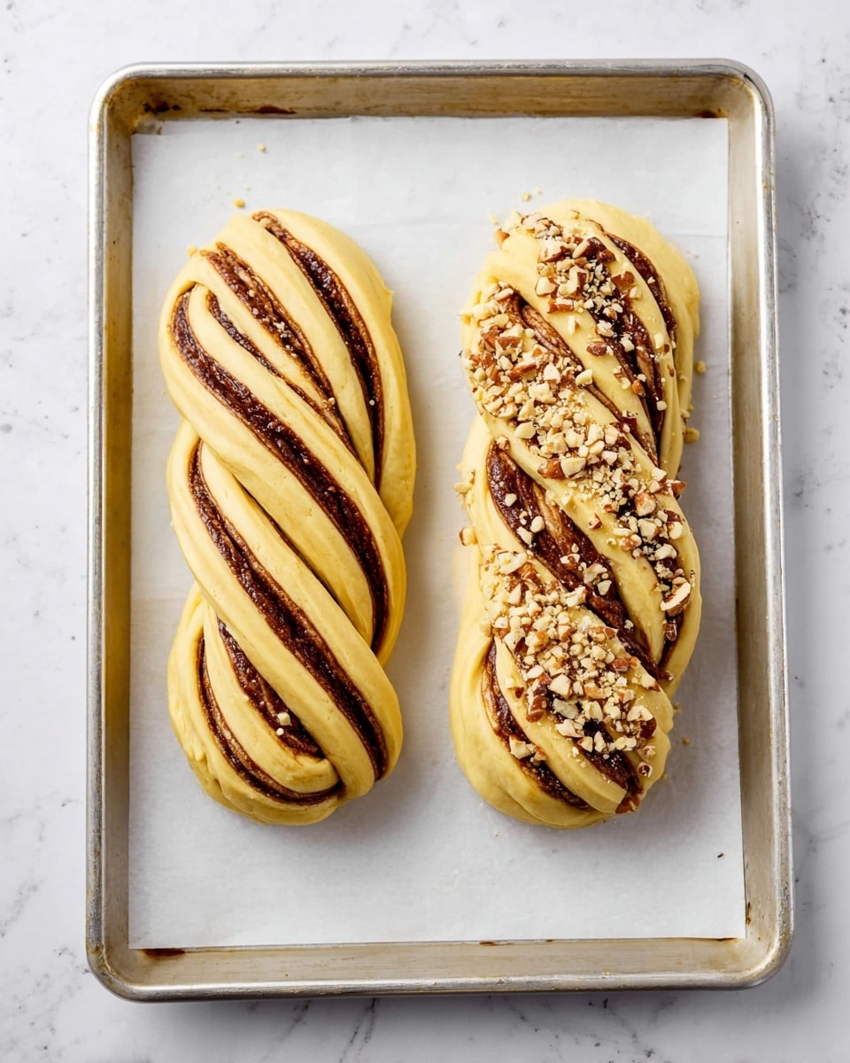 The image shows a twisted pastry dough braided into two thick layers on a white parchment-lined baking tray, sitting on a white marbled surface. The dough is pale yellow with a smooth texture, while the filling inside is dark brown, creating a clear swirl pattern along the twist. In the next image, the same twisted pastry is topped with roughly chopped light brown nuts, scattered generously over the top, adding a crunchy texture contrast. The whole setup rests on a rectangular metal tray. Photo taken with an iphone --ar 4:5 --v 7
