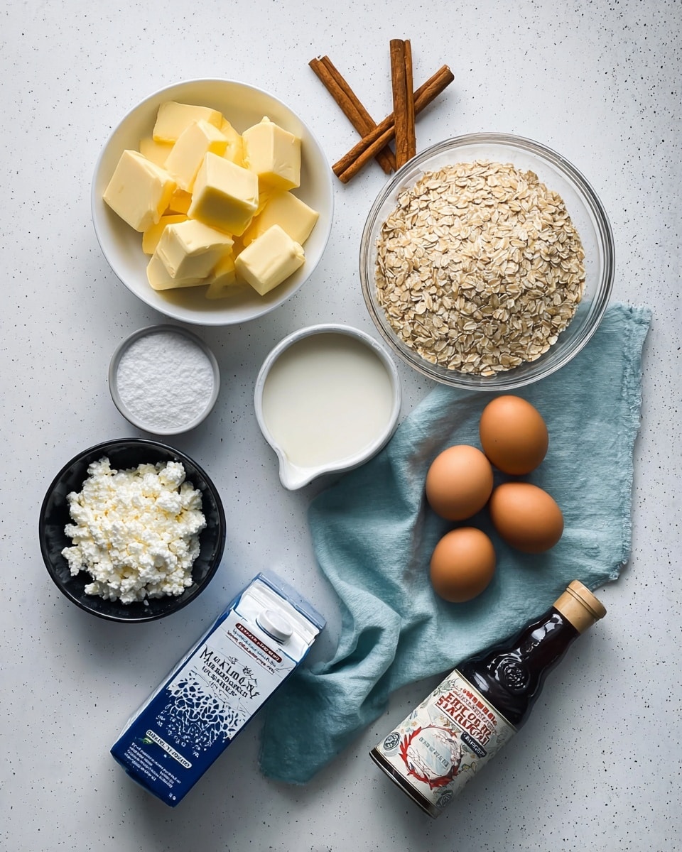 The image shows baking ingredients arranged on a white marbled surface. There is a white bowl filled with yellow butter cubes at the top left, next to two cinnamon sticks crossing each other. To the right is a clear glass bowl filled with light brown oat flakes. Below the butter bowl, a small white pitcher holds cream or milk, while a small black bowl contains white salt. A small patterned bowl with white cottage cheese is at the bottom left. Centered is a blue and white milk carton, and next to it is a small bottle of vanilla extract with a dark label. Four brown eggs rest on a light blue cloth on the right side. At the bottom right, a can of sweetened condensed milk lies tilted on the surface. photo taken with an iphone --ar 4:5 --v 7