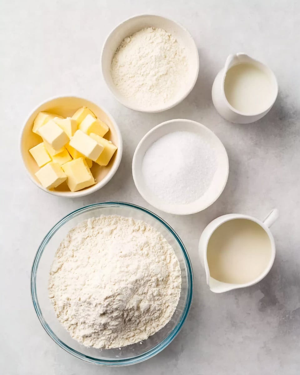 A white marbled surface holds a top-down view of cooking ingredients in six containers: in the center bottom, a large clear glass bowl filled with fine white flour; to the left, a small white bowl with yellow butter cut into small cubes; above it, a slightly larger white bowl with white granulated sugar; above the sugar bowl, a smaller white bowl with flour; to the right of the two smaller bowls, there is a white ceramic pitcher filled with cream or milk; all ingredients are neatly arranged and evenly spaced, creating a clean and simple setup. photo taken with an iphone --ar 4:5 --v 7