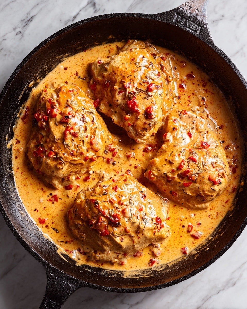 The image shows a black cast iron pan with three large pieces of chicken inside. Each piece is covered in a thick layer of orange-pink creamy sauce with visible red specks, and the sauce looks slightly bubbly near the edges where it touches the pan. The chicken pieces are arranged to cover almost the whole pan, and the pan is placed on a surface with a white marbled texture. There is a white circle with the number 4 in black on the upper left corner of the image. Photo taken with an iphone --ar 4:5 --v 7