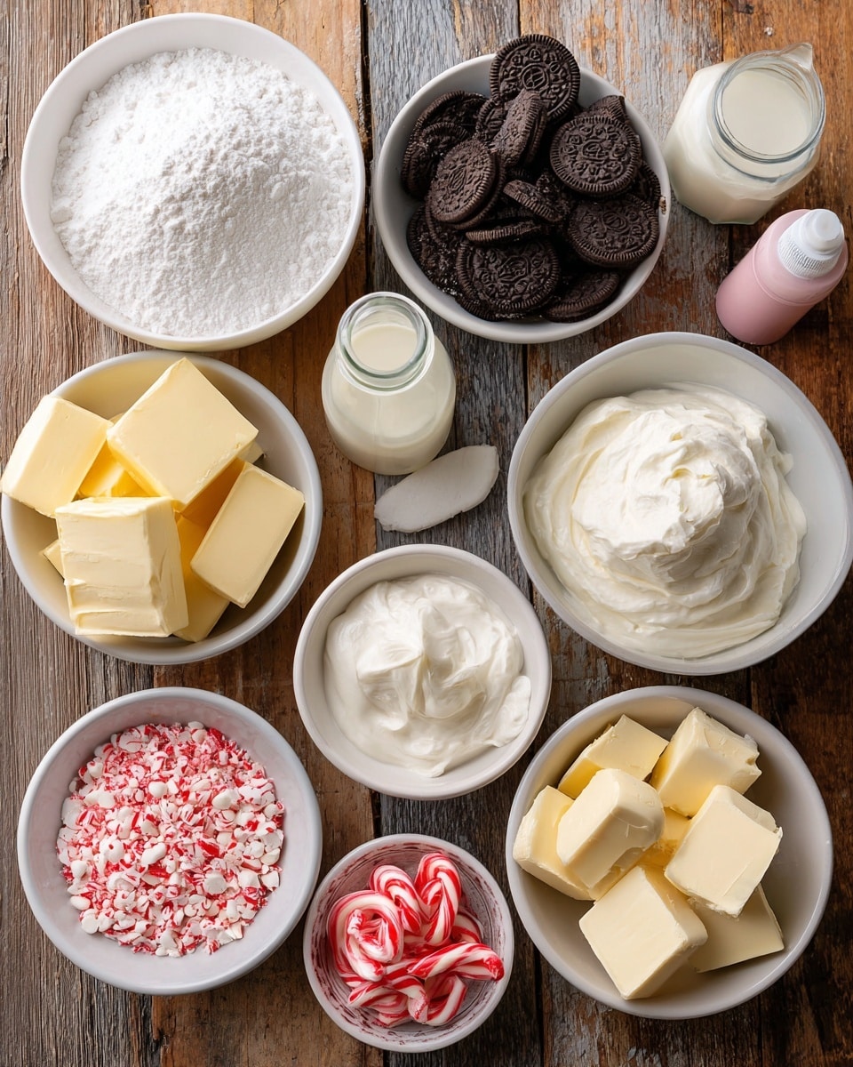 The image shows various baking ingredients arranged neatly on a wooden surface, all labeled with pink tags. There is a white bowl filled with powdered sugar, a small white bowl with butter cubes, another white bowl containing crushed Oreo cookies, and a white bowl with sour cream. Two blocks of cream cheese are placed side by side near the bottom left. A small bottle of peppermint extract and a small bowl of crushed candy canes are in the middle. A clear measuring jug filled with heavy cream is near the top right, and a white bowl of white chocolate pieces is at the bottom right. Lastly, a glass bowl filled with whipped cream and a small bottle of pink/red food coloring complete the setup. photo taken with an iphone --ar 4:5 --v 7