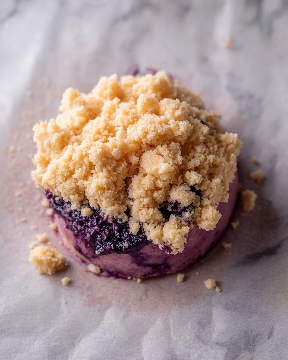 A single round dessert sits on a sheet of parchment paper over a white marbled surface. It has two visible layers: the bottom layer is smooth with a deep purple color and a soft texture, likely made of berries or fruit filling, while the top layer is a thick, chunky crumbly topping in a light golden beige color that looks slightly rough and grainy. Some small crumbs have fallen around the base on the parchment. The image is a close-up shot from above, showing the contrast between the rich purple and the pale crumb topping. photo taken with an iphone --ar 4:5 --v 7