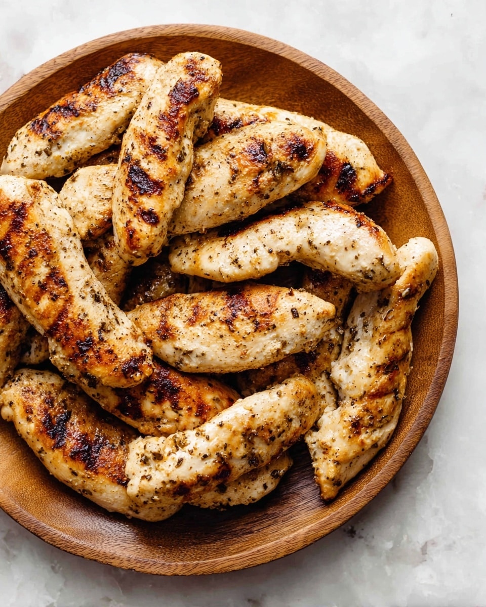 A round wooden plate filled with about a dozen light golden brown grilled chicken tenders. Each tender shows a mix of lightly browned and slightly charred spots with textured seasoning visible on the surface. The tenders are piled closely together, covering the entire plate. The plate is set on a white marbled textured surface. Photo taken with an iphone --ar 4:5 --v 7