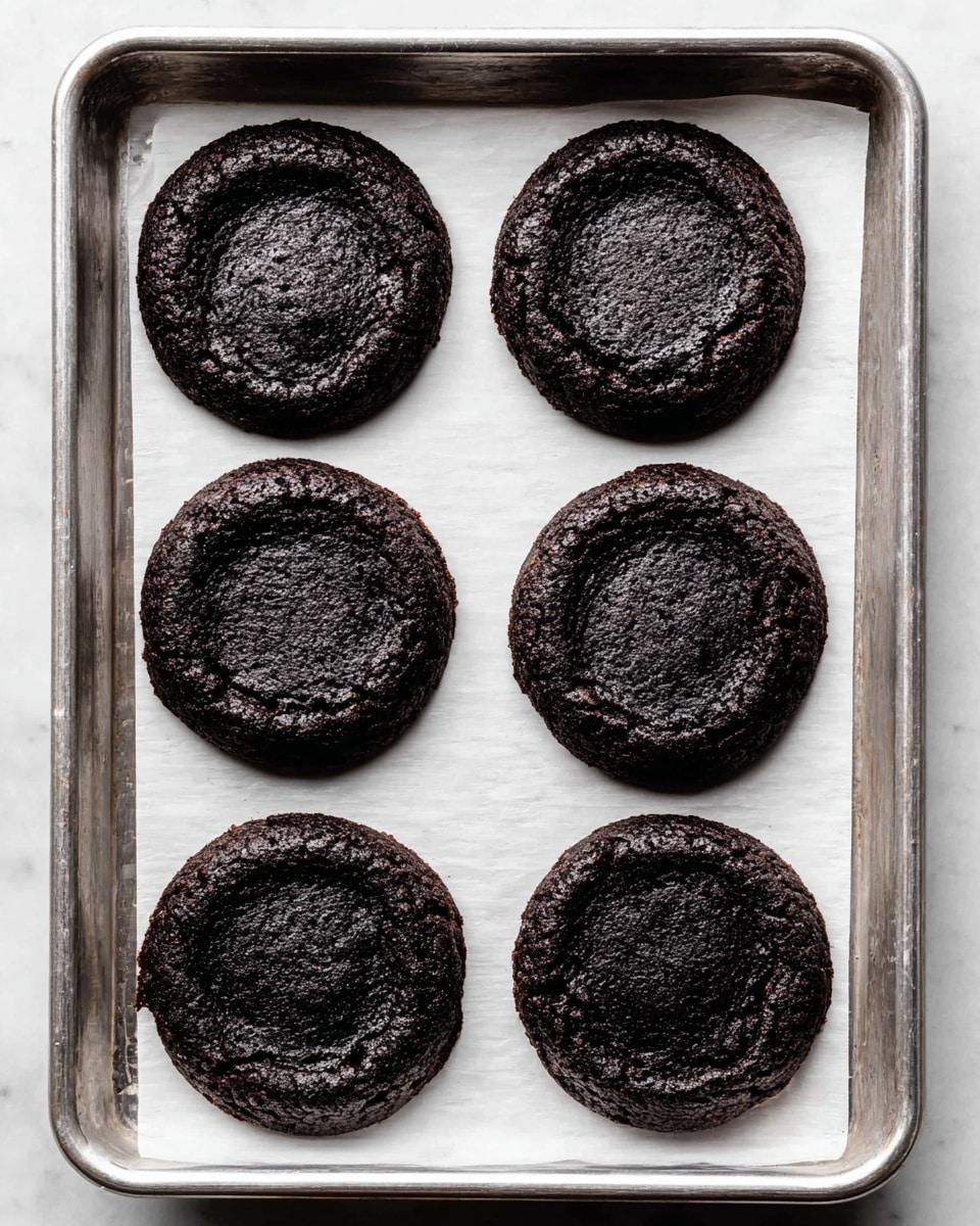 Six dark brown, almost black, round cookies with a slightly sunken center and rough edges are placed in two neat columns of three on a white paper-lined metal baking tray. The cookies have a dense, moist texture with small cracks on their surface. The tray rests on a white marbled textured surface. photo taken with an iphone --ar 4:5 --v 7