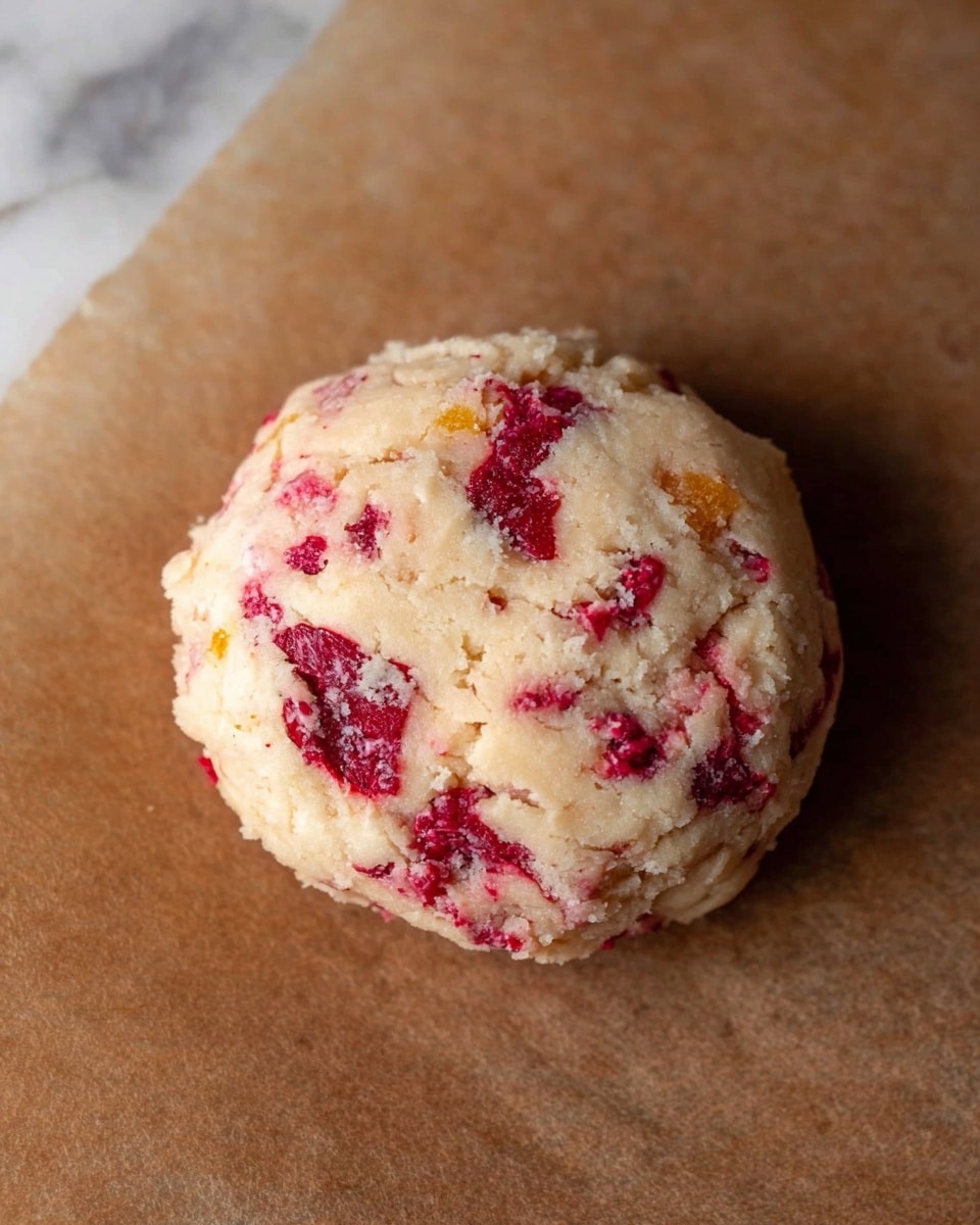 The image shows a single round cookie dough ball placed on brown parchment paper. The dough has a light beige color mixed with bright red fruit pieces scattered throughout. The texture looks soft and slightly chunky with visible bits of fruit embedded inside. The surface under the paper is a white marbled texture. photo taken with an iphone --ar 4:5 --v 7