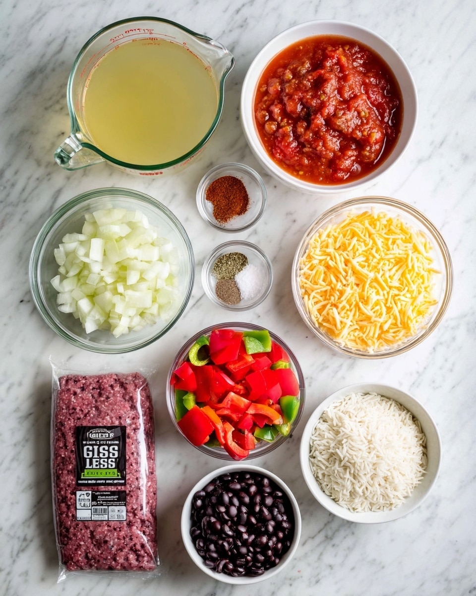 The image shows several clear and white bowls and a glass measuring cup arranged on a white marbled surface. The top left has a clear glass measuring cup filled with light yellow broth. Next to it on the right, there's a white bowl with chunky red tomato sauce. Below the broth, a clear bowl holds chopped white onions. In the center, a small clear bowl with reddish-brown chili powder is placed above another tiny clear bowl containing salt and pepper. Near the onion bowl is a small clear bowl filled with shredded yellow cheese. To the right of the cheese, a white bowl holds uncooked white rice. Below the rice bowl, a white bowl contains chopped red and green bell peppers. To the left of the peppers, a small white bowl is filled with black beans. Finally, on the bottom left, there is a packaged block of raw dark red ground beef sealed in black plastic. Photo taken with an iphone --ar 4:5 --v 7