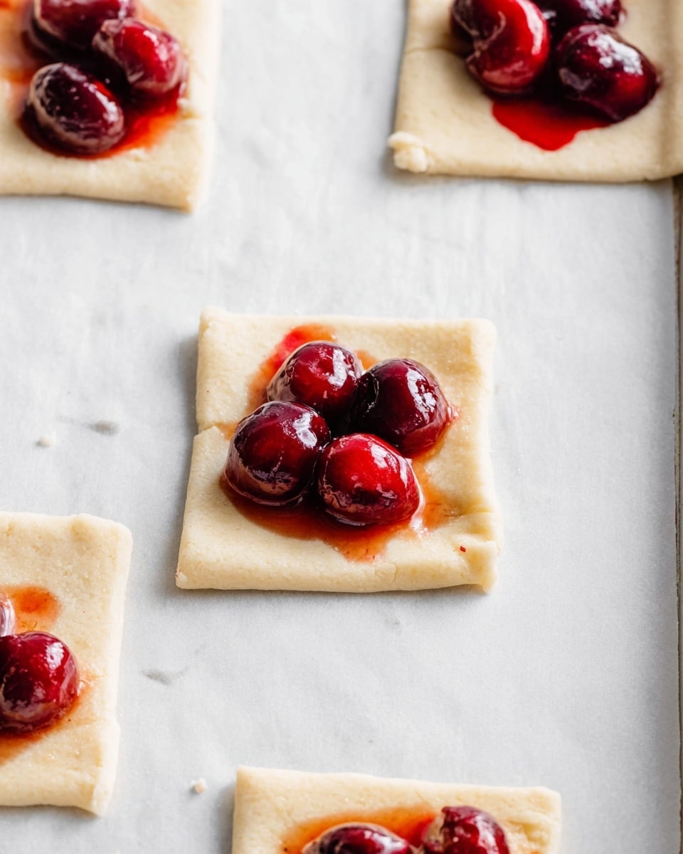 This image shows several small square pieces of pale beige dough laid out on white parchment paper on a baking tray. Each dough square holds a small heap of shiny, mixed red and dark purple cherries in syrup right in the center. The cherries have a glossy texture, and the red syrup slightly spreads around them on the dough. The scene is clean and simple with a white marbled background barely visible under the edges of the baking tray. Photo taken with an iphone --ar 4:5 --v 7