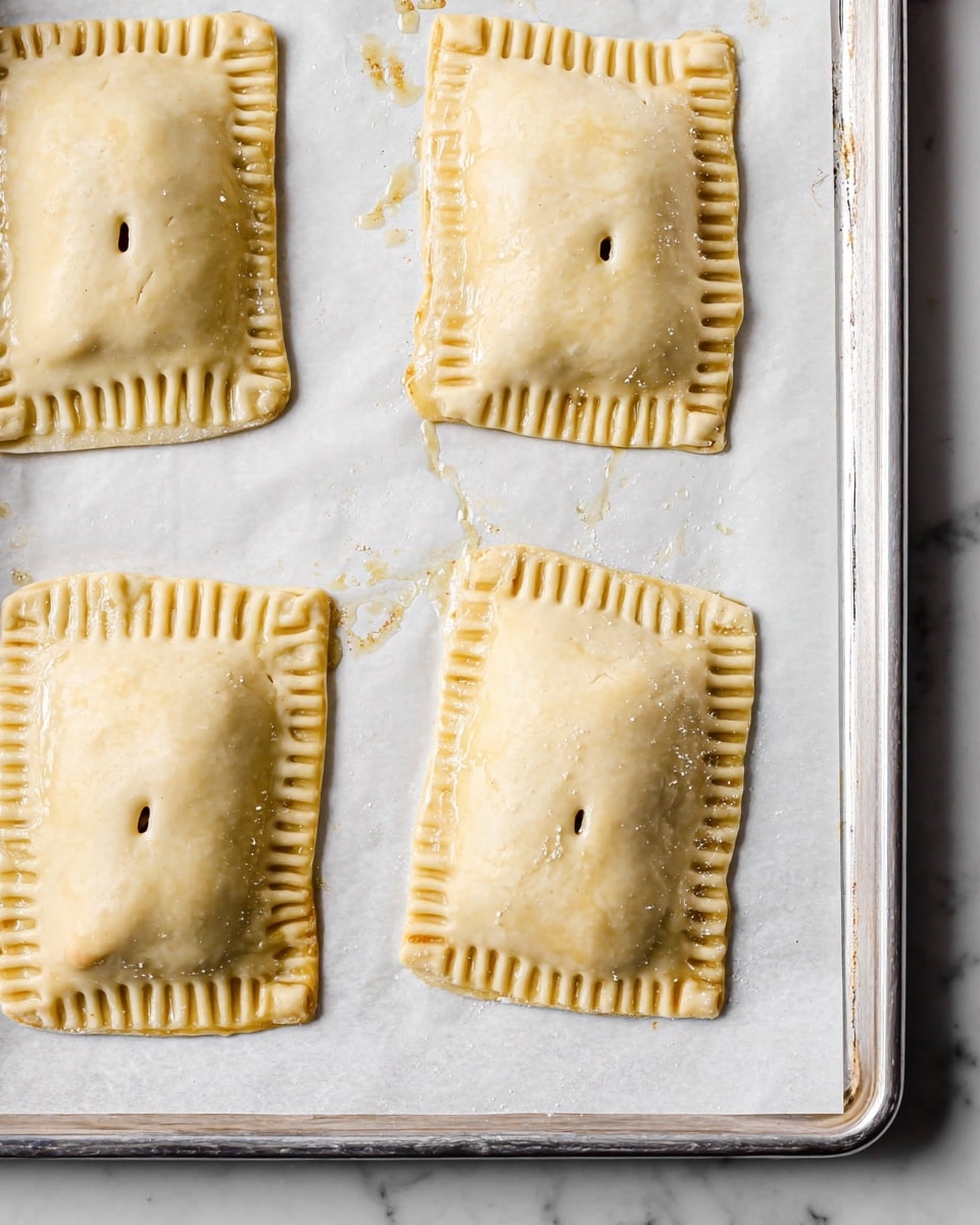 The image shows four uncooked rectangular pastries laid out on a baking tray covered with white parchment paper. Each pastry has two visible layers: the base layer is a flat light beige dough, and the top layer is a puffed, slightly rounded light beige dough that is sealed around the edges with fork marks creating a crimped border. Small fork holes are pricked in the center of each pastry to vent steam. The tray edges are metallic silver, and small smudges of dough and egg wash are scattered on the parchment paper. The background surface is a white marbled texture. photo taken with an iphone --ar 4:5 --v 7