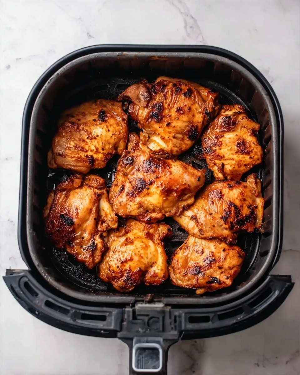 The image shows a black air fryer basket filled with evenly placed cooked chicken thighs that have a golden-brown color with some darker grilled spots. The chicken pieces are close together, covering the basket’s bottom and arranged in two layers visible from the top, with a shiny and slightly oily texture. The basket is open and rests on a white marbled surface, with a small part of the handle visible on the right side. photo taken with an iphone --ar 4:5 --v 7
