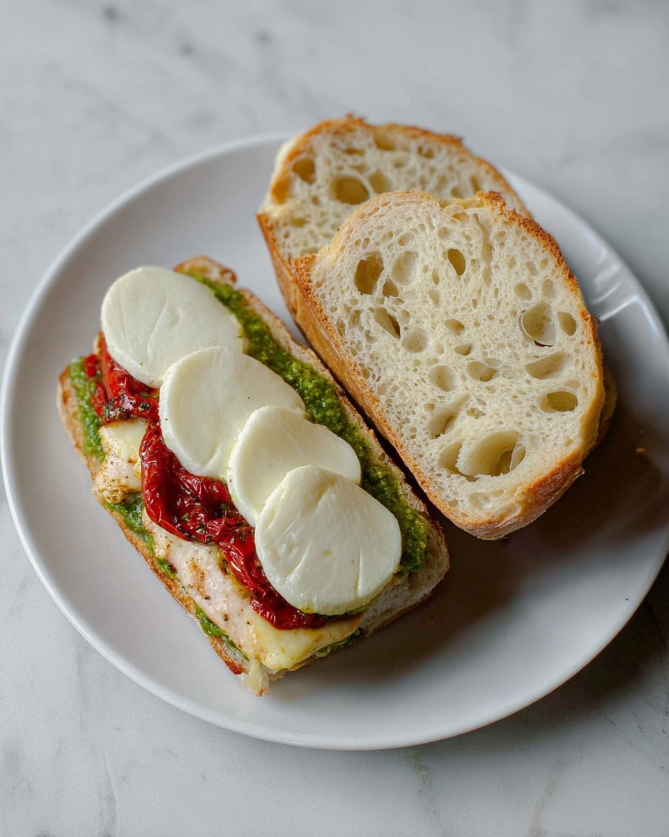A sandwich on a white plate with two halves of soft bread showing a light golden crust and airy texture with many holes; the bottom half is layered with red roasted peppers, a bright green pesto spread, a grilled light tan chicken fillet, and four thick white slices of fresh mozzarella cheese arranged in a row; the top bread half is open, showing its soft inside with a slight browning on the crust; the plate sits on a white marbled surface photo taken with an iphone --ar 4:5 --v 7