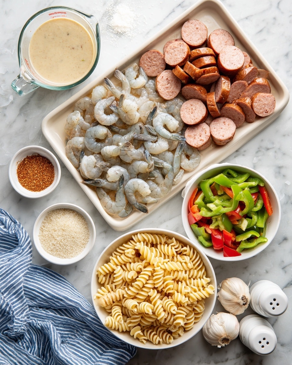 The image shows a white tray filled with two layers: the bottom layer is raw shrimp in a grayish-blue tone with some dark parts, while the top layer is sliced andouille sausage with a reddish-brown outer skin and light pinkish centers with bits of white fat, placed on the right side of the tray. Above the tray, there is a white bowl filled with light beige Alfredo sauce, and next to it, a clear measuring cup with translucent pasta water. On the right side below these, there is a white bowl with mixed green and red bell peppers and white onion slices. At the bottom right, a large white bowl is full of spiral-shaped cooked pasta, pale yellow in color. On the lower left, a small white bowl contains reddish Cajun seasoning powder, beside it another small white bowl has grated pale yellow parmesan cheese. In between and below these bowls, there are three whole garlic bulbs and some garlic cloves scattered around. In the bottom corner, a blue-striped cloth holds white salt and pepper shakers. All items rest on a white marbled surface. Photo taken with an iphone --ar 4:5 --v 7