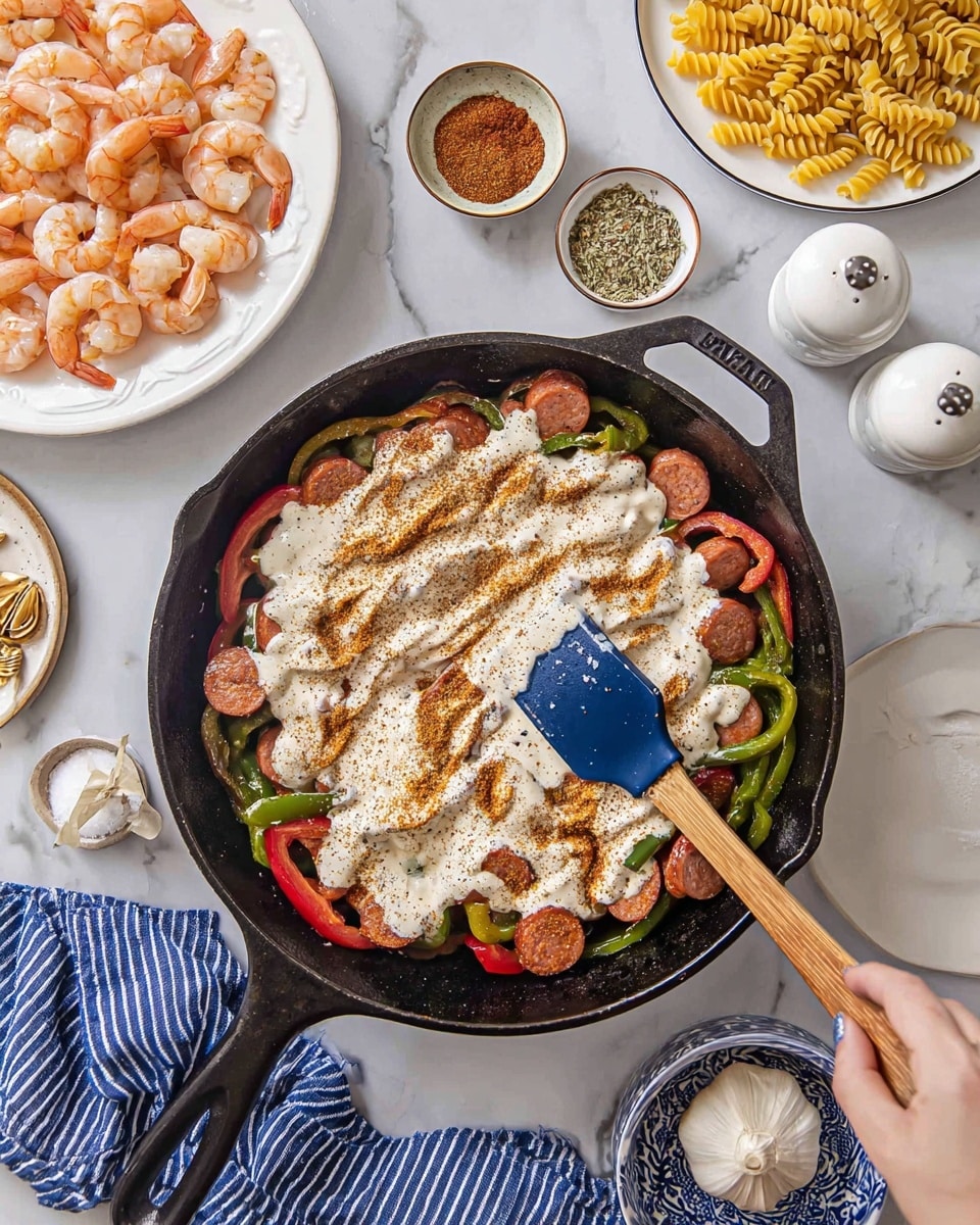 A black cast iron pan sits on a white marbled surface, filled with a colorful mix of cooked sausage slices and green and red pepper strips, partially covered by a thick white creamy sauce sprinkled with two types of brown spices arranged as two wide stripes across the sauce; a woman's hand is seen holding a blue spatula with a wooden handle dipping into the pan. To the top left, there is a white plate full of cooked shrimp, while on the top right are three small white bowls containing different spices and seasonings, next to scattered pieces of uncooked spiral pasta. A blue and white striped cloth is placed to the right, near two white salt and pepper shakers. Nearby is a white plate with uncooked spiral pasta and a whole garlic bulb. photo taken with an iphone --ar 4:5 --v 7