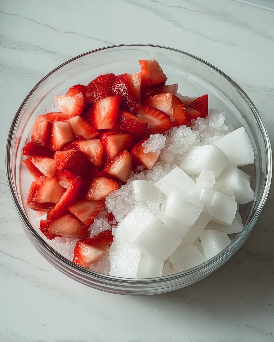 A clear glass bowl filled with two main layers placed side by side: on the left, bright red strawberry pieces with a soft, juicy texture and triangular shapes; on the right, white jelly cubes that are smooth, translucent, and slightly shiny. The bowl sits on a white marbled surface that reflects soft light. No other objects are in the scene, making the colorful fruits and jelly stand out clearly. photo taken with an iphone --ar 4:5 --v 7