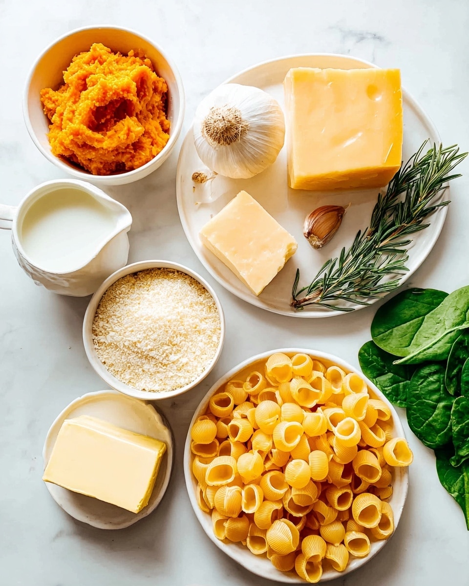 A woman's hand is pouring creamy white sauce over a large white pot filled with cooked pasta shells that are pale yellow. Inside the pot, there are fresh dark green spinach leaves spread among the pasta, a mound of bright orange shredded carrots on one side, and heaps of pale yellow shredded cheese and grated white cheese layered on top. The pot sits on a white marbled surface, creating a clean and bright background. Photo taken with an iphone --ar 4:5 --v 7