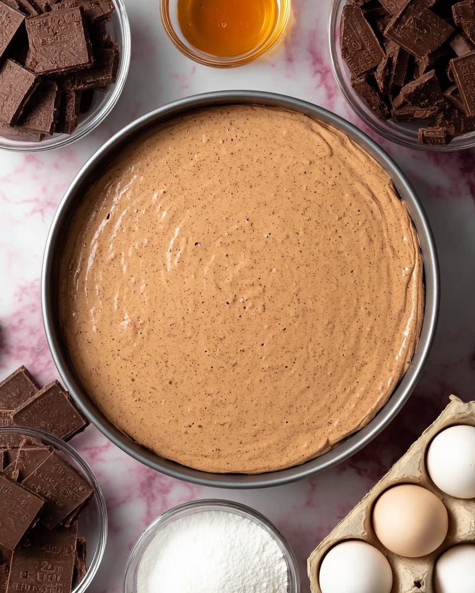 A round pan filled with smooth, light brown chocolate batter with tiny darker specks evenly spread on top, showing a soft, creamy texture. Around the pan, there are bowls with dark chocolate chunks, square chocolate biscuits, and a small glass bowl of honey. On the bottom right, there is a cardboard carton holding three light brown eggs, and a glass bowl of white sugar sits near the pan. All items are placed on a white marbled texture surface. photo taken with an iphone --ar 4:5 --v 7
