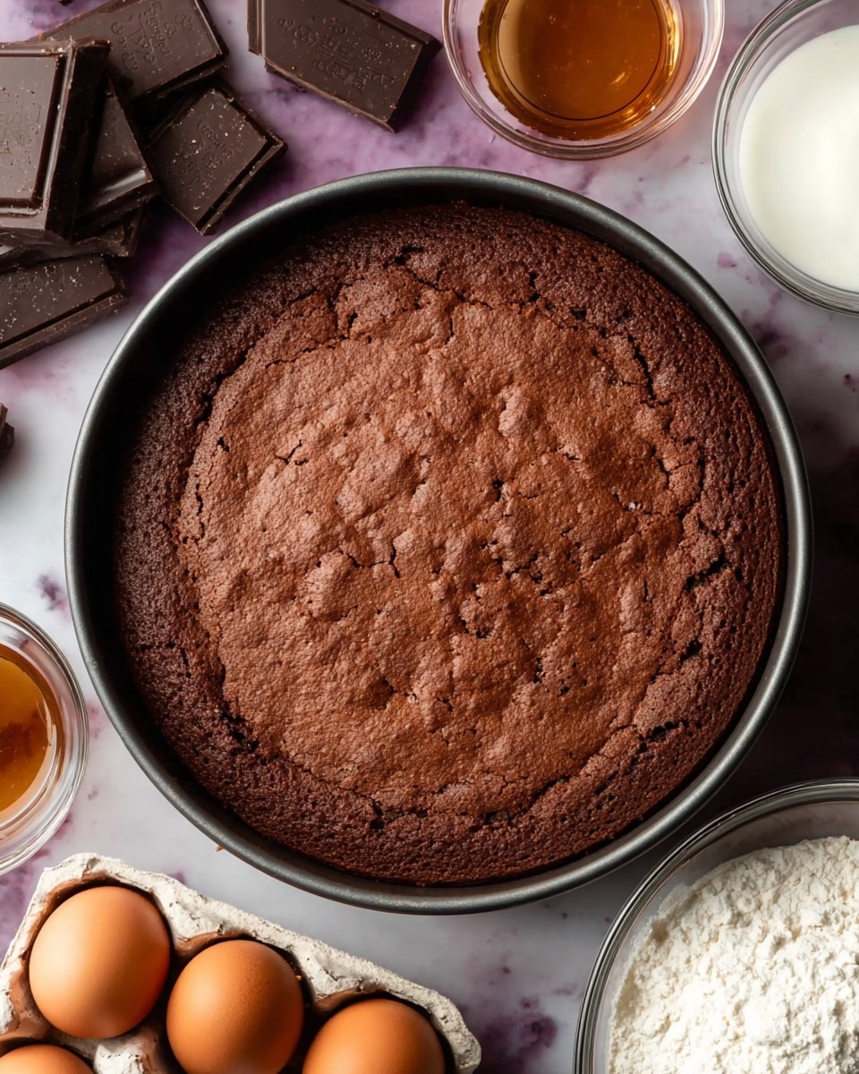 A round chocolate cake with a cracked and slightly rough top layer sits inside a dark metal baking pan. Its surface is a rich brown color, showing some texture and unevenness that suggests it is freshly baked. Surrounding the cake are clear glass bowls filled with dark chocolate blocks, white powder, and honey, as well as a carton holding four brown eggs. All items rest on a white marbled surface that adds a clean, bright background to the scene. photo taken with an iphone --ar 4:5 --v 7