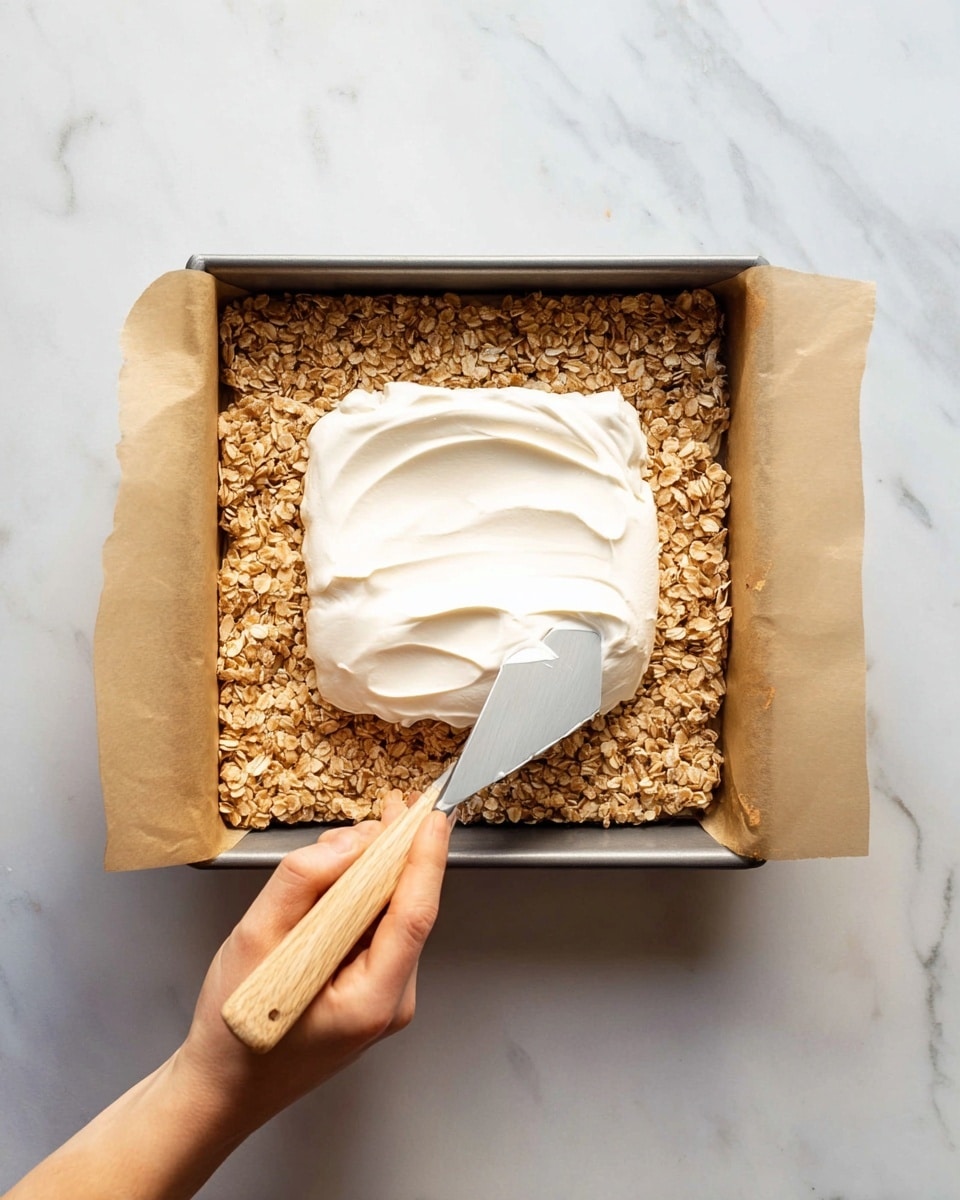 A square baking pan lined with light brown parchment paper holds a thick, textured base layer of golden-brown oats pressed evenly to cover the bottom. On top of the oat layer, a large dollop of smooth, creamy white spread is being gently smoothed out with a flat metal spatula held by a woman's hand gripping a light wood handle. The scene is set against a white marbled surface, giving a clean and bright background that contrasts with the warm oat color and soft white topping. photo taken with an iphone --ar 4:5 --v 7