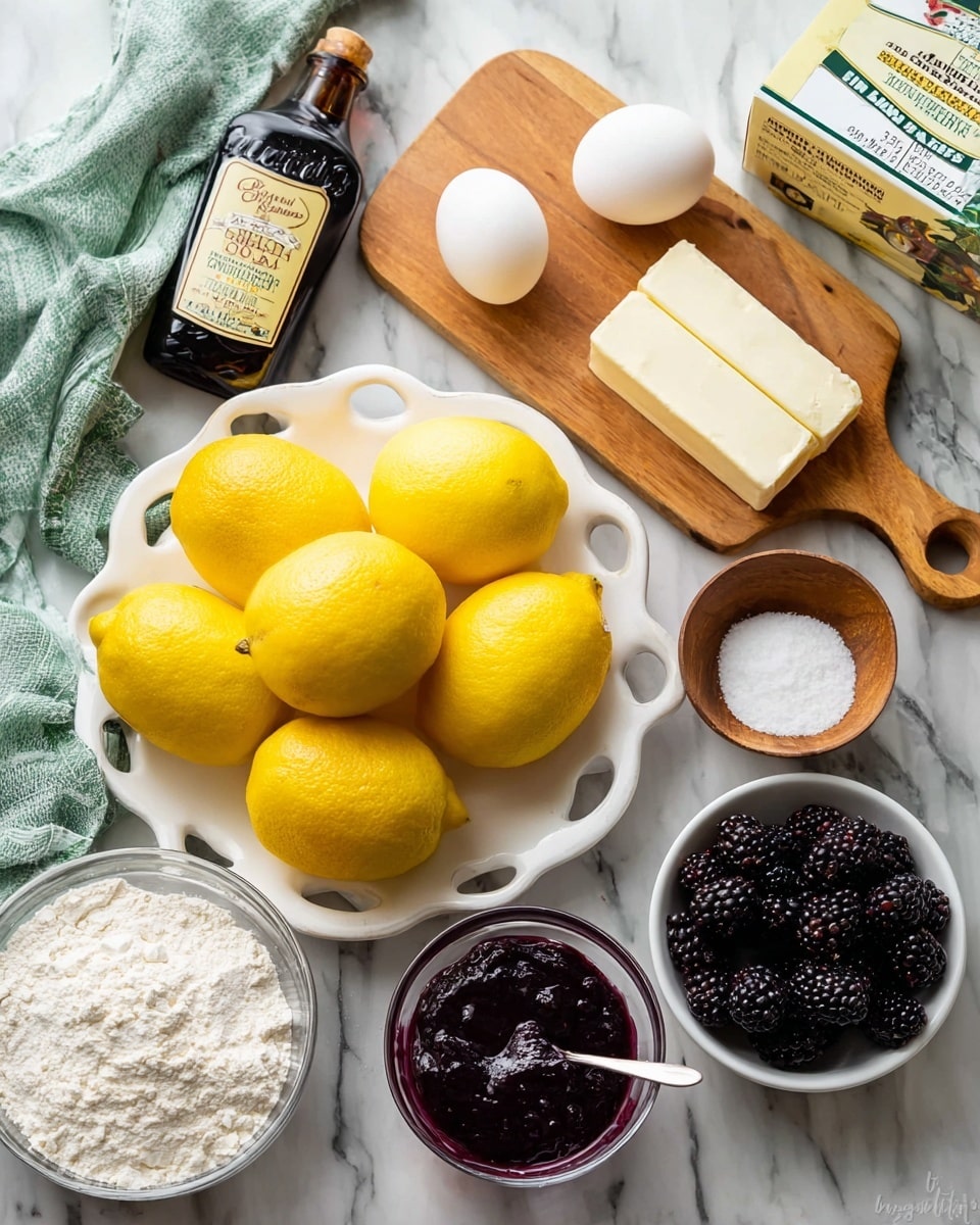 A white plate with round cut-out edges sits on a white marbled surface, filled with several bright yellow lemons piled on top of each other. Next to it, a wooden cutting board holds a bottle of vanilla extract lying down, two sticks of cream cheese stacked, one white egg, and a small wooden bowl with salt. In front of the cutting board, there is a clear glass bowl filled with white flour, and a small white bowl with a thick dark purple blackberry jam and a silver spoon inside. A white bowl with fresh glossy blackberries sits near the center. To the right, a box of instant lemon pudding and pie filling is partially visible. A green and white cloth is draped at the top left corner, completing the setup. Photo taken with an iphone --ar 4:5 --v 7