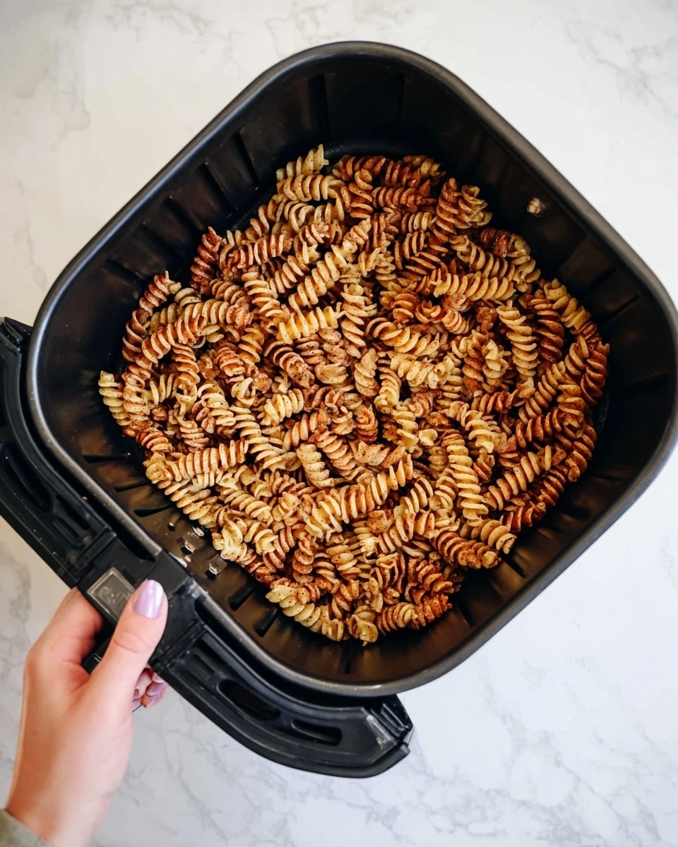 The image shows a black air fryer basket filled with cooked spiral pasta that is a mix of light golden and darker brown colors. The pasta pieces are evenly spread across the bottom of the basket, showing a slightly crispy texture on some parts. A woman's hand with a light pink manicure is holding the edge of the basket. The background and surface visible are a white marbled texture. photo taken with an iphone --ar 4:5 --v 7