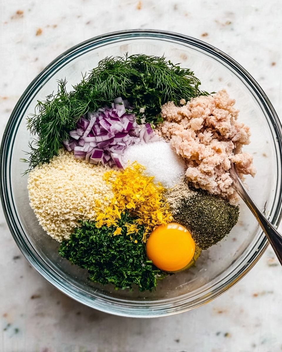 A white pan with a golden handle holds seventeen round, golden-brown meatballs with visible green herbs inside. The meatballs have a slightly crispy texture on top and are spaced evenly in the pan with some shiny oil droplets around them. The background is a white marbled surface. photo taken with an iphone --ar 4:5 --v 7