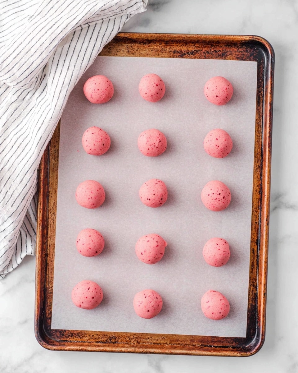 A baking tray with slightly worn edges is lined with white parchment paper, holding 21 small pink dough balls evenly spaced in three columns and seven rows; each dough ball has a smooth texture with tiny darker red specks, giving them a fresh, soft look. The tray is placed on a white marbled surface next to a white cloth with black stripes. photo taken with an iphone --ar 4:5 --v 7