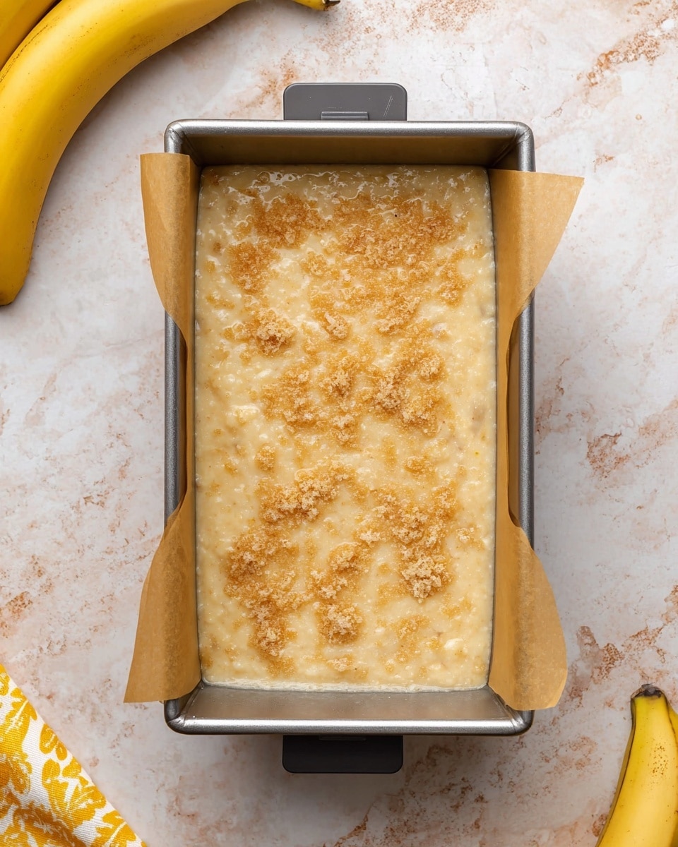 A rectangular metal baking pan lined with parchment paper holds a thick, creamy mixture of banana batter, topped with a light sprinkling of brown sugar that adds a textured, golden layer on top. The batter has a pale yellow color with small chunks or pieces visible throughout, hinting at mashed bananas inside. The pan is placed on a white marbled surface with a yellow-patterned cloth partially visible in the bottom left corner and two bananas partially shown at the top left corner. Photo taken with an iphone --ar 4:5 --v 7