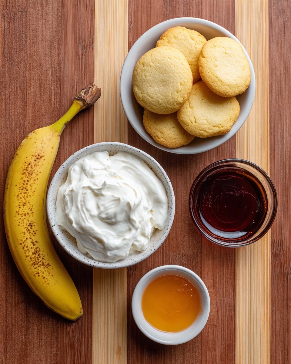 The image shows a top view of five food items arranged on a wooden surface with lighter stripes. There is a white speckled bowl filled with thick white cream positioned on the left side. Above it is a white bowl filled with several yellow cookies stacked loosely, showing their round shape and slightly crumbly texture. To the right of the cream is a small bowl with dark amber syrup, glossy and smooth on top. Below the syrup is a smaller white bowl with a small amount of orange-colored liquid with a shiny surface. At the bottom left is a ripe yellow banana with brown spots on its peel, curved with the stem pointing right. The photo was taken with an iphone --ar 4:5 --v 7