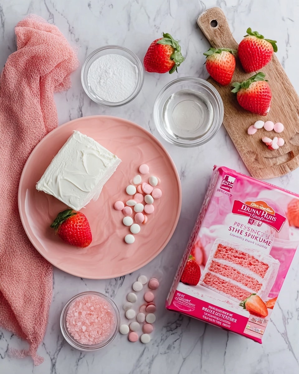 The image shows a pink plate on a white marbled surface with a block of white cream cheese and two fresh strawberries on the plate. Next to the plate is a folded pink cloth napkin. There is a package of Duncan Hines Perfectly Moist Strawberry Supreme cake mix with a bright pink color and a picture of a pink layered cake on the front center of the image. Two small clear glass bowls hold liquid and white granulated sugar on a small wooden board with a handle. Nearby, two bowls contain white and pink round candy melts, and a small transparent bowl with pink sugar crystals sits close by. There are several fresh strawberries placed around the setup, all on the white marbled surface. The photo taken with an iphone --ar 4:5 --v 7