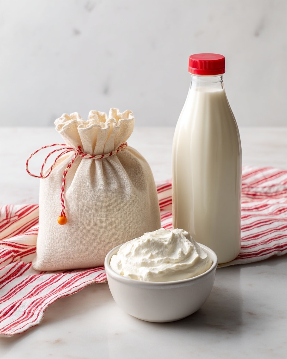 The image shows three items on a white marbled surface with a red and white striped cloth at the top. On the left, there is a beige yogurt straining bag made of cloth with a small orange bead on the string. In the middle, a small white bowl holds a thick scoop of plain Greek yogurt, creamy and white in texture. On the right, a gallon jug of dairy milk with a red cap and label sits clearly visible. The setting is simple and clean with soft lighting. Photo taken with an iphone --ar 4:5 --v 7