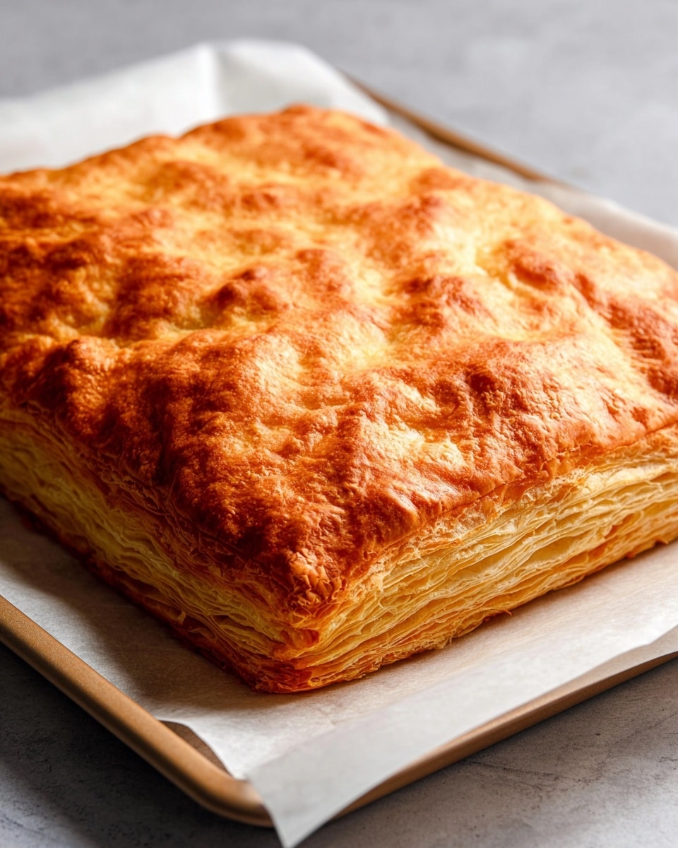 A large, golden-brown rectangular puff pastry with a textured, flaky surface sits on white baking paper placed in a white tray, showing multiple thin layers of baked dough stacked closely together, giving it a thick, cushioned look overall, with the white marbled texture visible underneath the tray photo taken with an iphone --ar 4:5 --v 7
