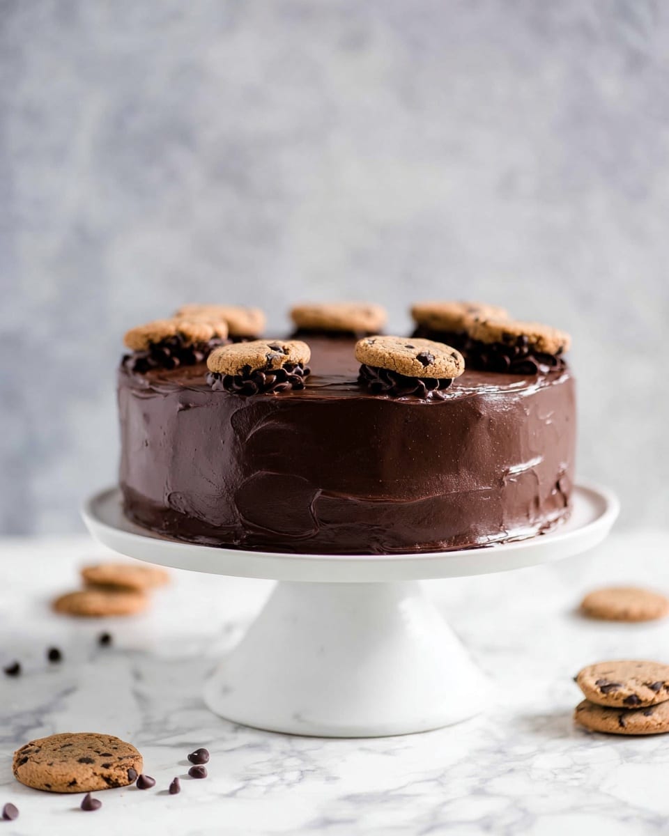 The image shows a two-layer round cake covered in smooth, dark chocolate frosting. The cake sits on a white cake stand with a thick pedestal base, placed on a white marbled surface. On top of the cake, eight small chocolate chip cookies are evenly spaced around the edge, each partially pressed into the frosting with some melted chocolate visible beneath them. Around the base of the cake stand, there are additional small cookies scattered on the white marbled surface. The background is a soft, blurred gray texture. photo taken with an iphone --ar 4:5 --v 7