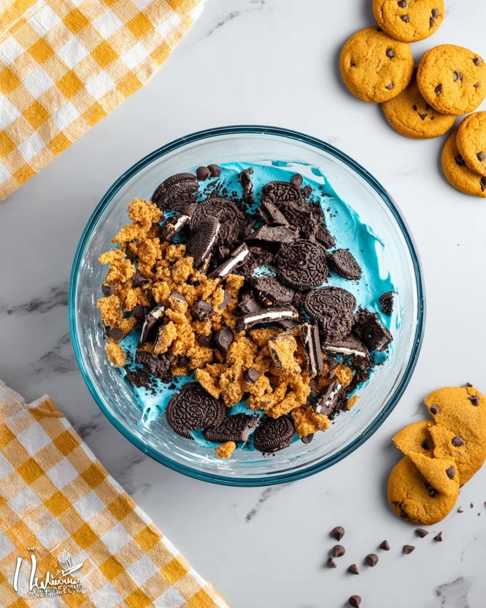 A clear glass bowl filled with two layers of broken cookies: the bottom layer consists of golden brown chocolate chip cookie pieces with rough edges and the top layer has broken dark chocolate sandwich cookies with white cream filling visible. The bowl sits on a smooth white marbled surface. Near the bowl, there are whole chocolate chip cookies on the right side and a few whole dark chocolate sandwich cookies in the top right corner. A yellow and white checkered cloth is partially shown at the bottom left. photo taken with an iphone --ar 4:5 --v 7