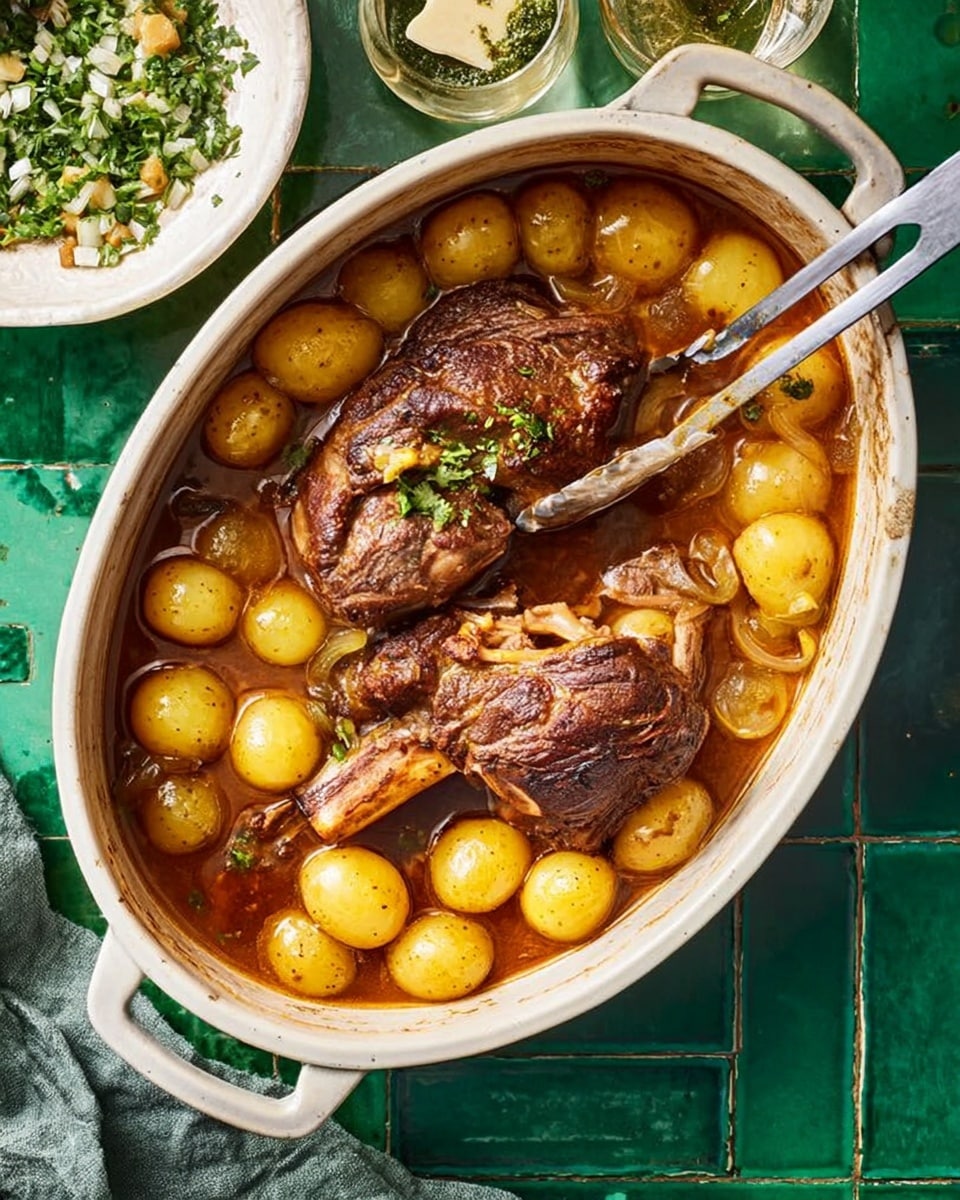 A white oval pot filled with two large roasted meat pieces immersed in a rich brown broth. Surrounding the meat are many small, round, yellow potatoes, floating in the liquid. A pair of metal tongs held by a woman's hand is lifting one piece of the meat from the pot. The pot is placed on a green tile surface. There is also a white bowl with green herbs and chopped onions at the top left corner and a glass with a light drink at the upper right. A green cloth is partially visible at the bottom left corner. photo taken with an iphone --ar 4:5 --v 7
