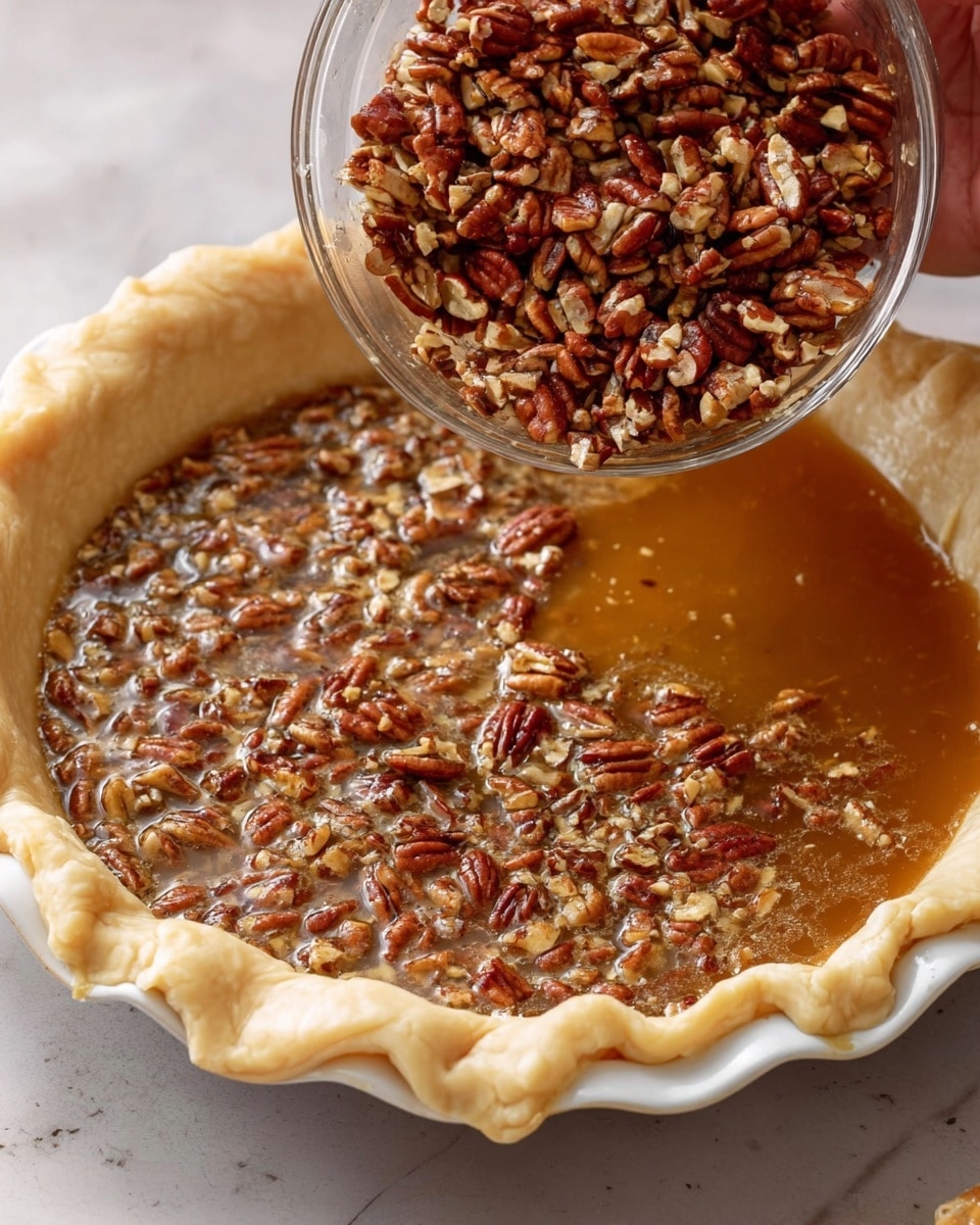 A close-up view of a pecan pie being prepared in a white pie plate with a flaky, golden-brown crust that has a slightly uneven, homemade edge. Inside the crust is a thick layer of shiny, amber filling mixed with chopped pecans, spread evenly but not fully set yet. A clear glass bowl filled with chopped pecans is tilted above the pie, and a woman's hand is holding the bowl while pouring the pecans on top of the pie filling. The surface beneath the pie is a white marbled texture. Photo taken with an iphone --ar 4:5 --v 7
