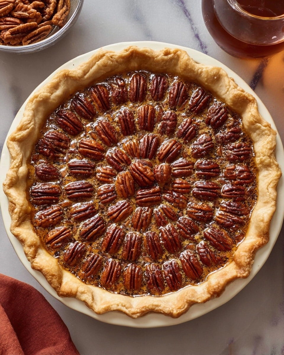 A pecan pie with one visible layer inside a flaky, golden-brown crust that folds slightly over the edge of a white plate. The pie filling is a rich caramel color underneath a circular pattern of whole, glossy, brown pecan halves arranged tightly in concentric rings, with one pecan cluster in the center. The pie sits on a white marbled surface, and there is a glass pitcher filled with syrup and a small bowl of pecans partially visible in the background. photo taken with an iphone --ar 4:5 --v 7