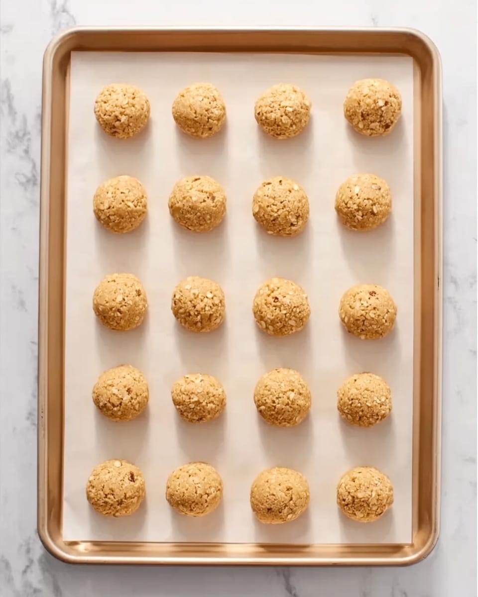 The image shows a metal baking tray lined with parchment paper on a white marbled surface. On the parchment paper, there are 20 round dough balls evenly spaced in a 4 by 5 grid. The dough balls are light golden in color with a slightly rough and crumbly texture, indicating they might contain small bits of oats or nuts. The tray is seen from above, giving a clear view of the uniform size and shape of each dough ball. Photo taken with an iphone --ar 4:5 --v 7