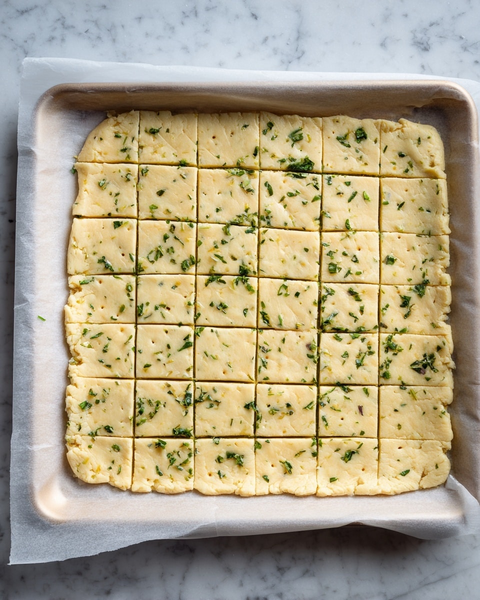 A light beige dough sheet is spread out on white parchment paper on a baking tray with a light tan edge. The dough is rolled thin and square, with green herbs scattered throughout. It is neatly scored into a grid of small, even squares, with some squares near the edges showing small holes from being pierced. The white marbled surface is visible around the baking tray. In the top left corner, there is a round white label with the number 6 in black. photo taken with an iphone --ar 4:5 --v 7