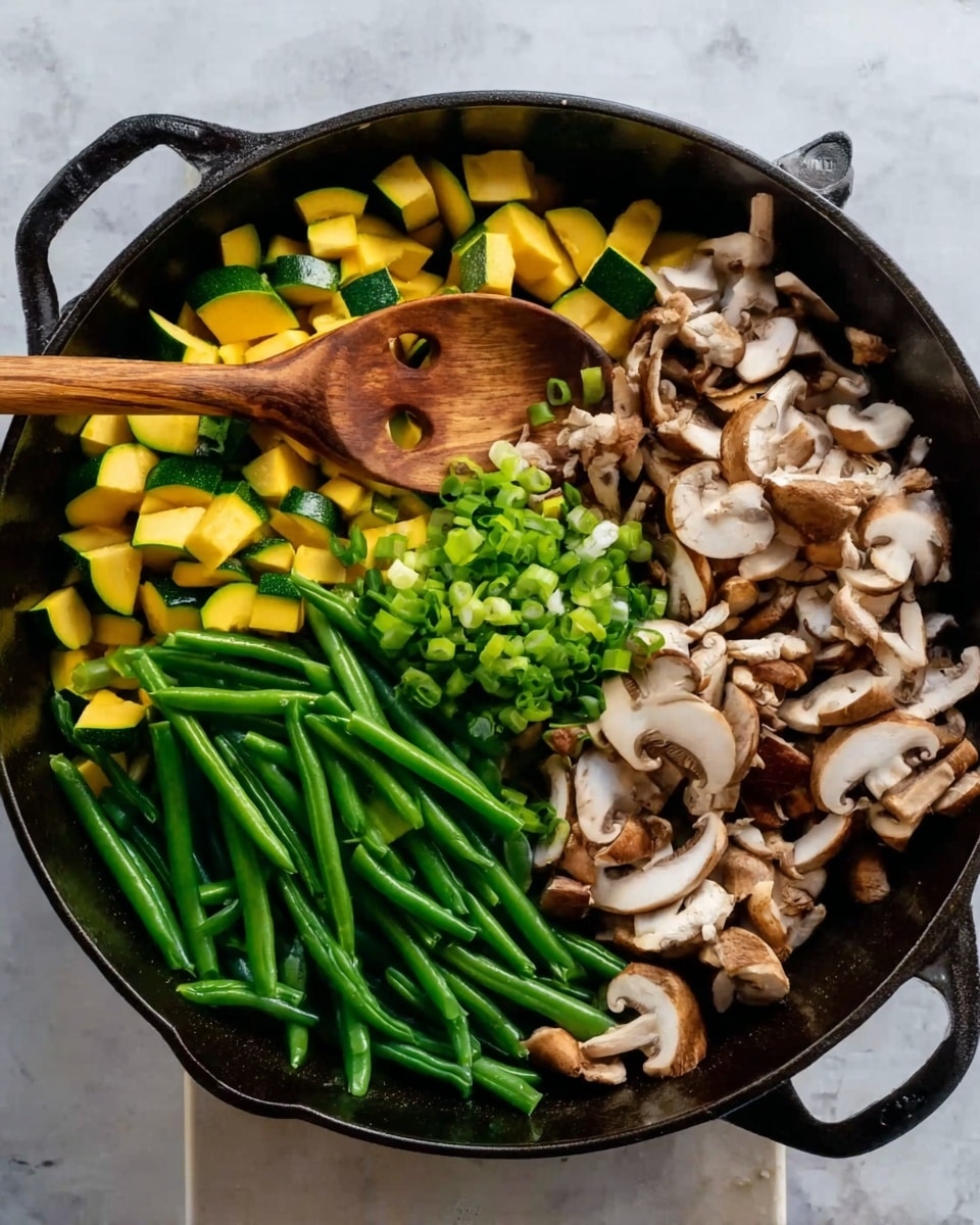 A black skillet on a white marbled surface holds a colorful mix of vegetables in layers. On the bottom layer, there are sliced yellow zucchini pieces arranged around the edges. Above that, on the right side, sliced white and brown mushrooms are piled up, showing a soft texture. On the left side, fresh green beans are stacked neatly, their smooth skin bright and shiny. In the middle, chopped green onions add a small, light green mound. A wooden spoon with a round hole is resting on top, slightly touching the vegetables. Photo taken with an iphone --ar 4:5 --v 7